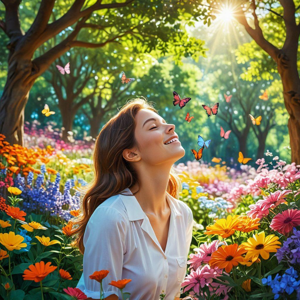 A serene scene depicting a person in a peaceful park, inhaling deeply with a joyful expression, surrounded by colorful flowers and gentle breezes. Include whimsical illustrations of sneezes turning into butterflies, symbolizing relief and comfort. Soft sunlight filtering through trees, creating a tranquil atmosphere. bright colors. vector art. whimsical style.
