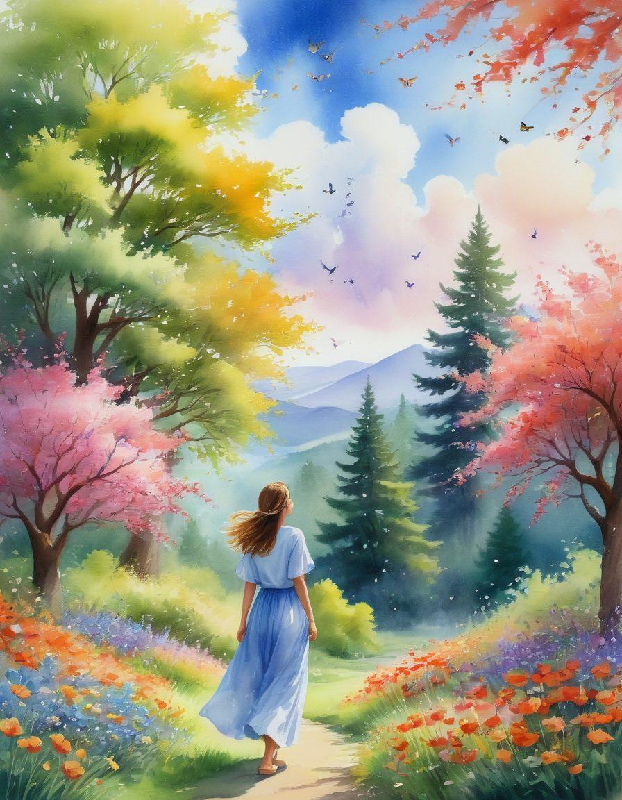 A serene landscape depicting a person joyfully breathing in fresh air, surrounded by blossoming flowers and vibrant greenery, contrasting with allergy symbols blended softly in the background. The sky is clear and bright, representing hope and relief. Include elements of nature like trees and butterflies, symbolizing freedom and rejuvenation. watercolor painting. vibrant colors.