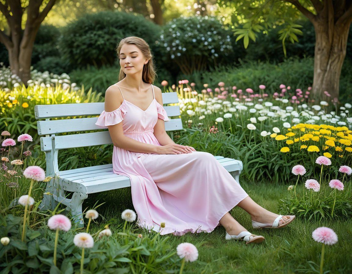 A serene scene showcasing a peaceful person surrounded by blossoming flowers and gentle breezes, symbolizing blissful breathing. Incorporate soft, flowing lines and calming colors like blues and greens to evoke tranquility. Include subtle elements like dandelions floating in the air to represent sneezes being prevented. The background should be a dreamy landscape with a warm, inviting glow. super-realistic. vibrant colors. 3D.